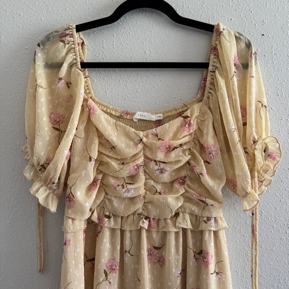 LUSH Yellow Floral Ruched Puff Sleeve Mini Dress M - Picture 2 of 5